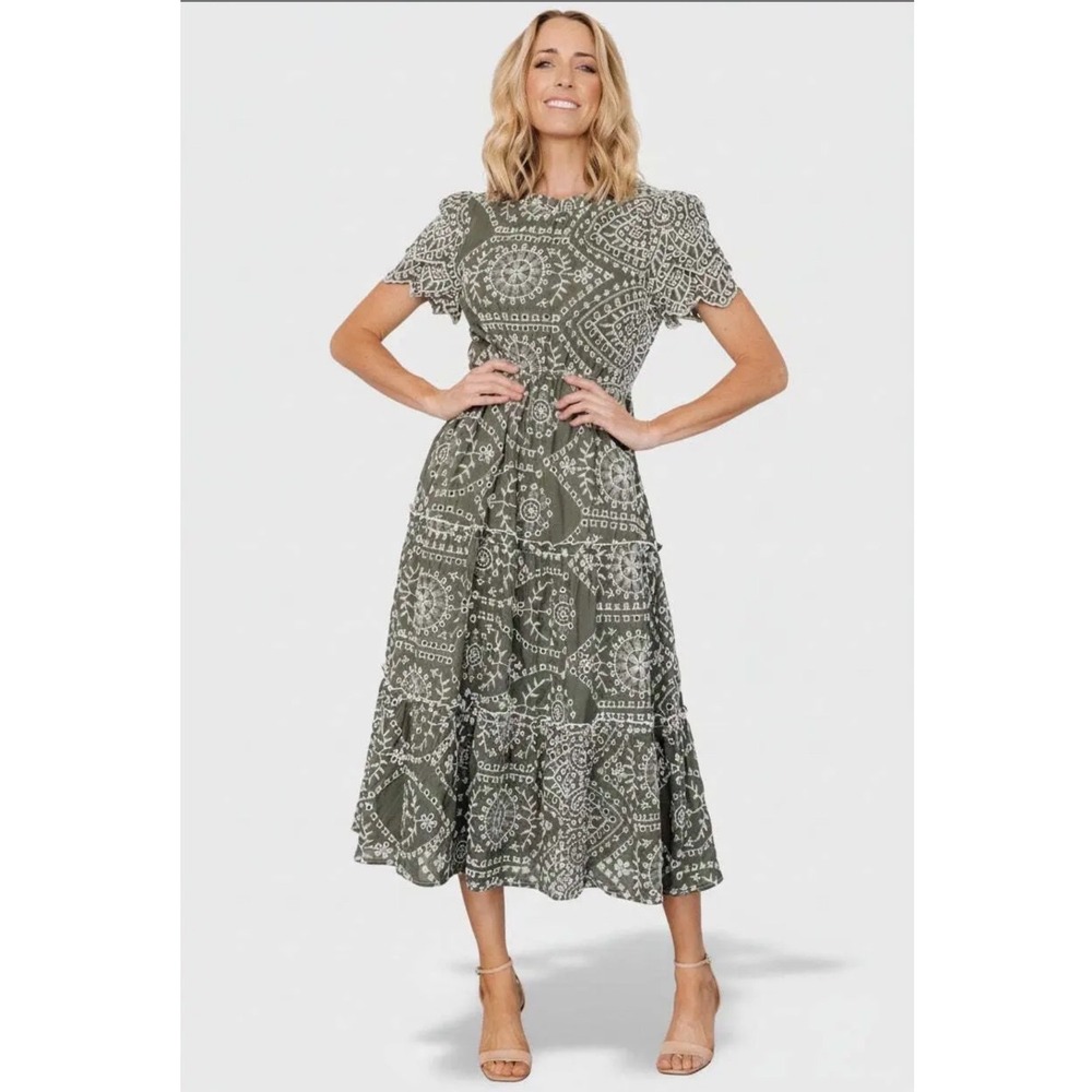 Baltic Born Mirabel Eyelet Midi Dress Olive Green White 1XL NWT